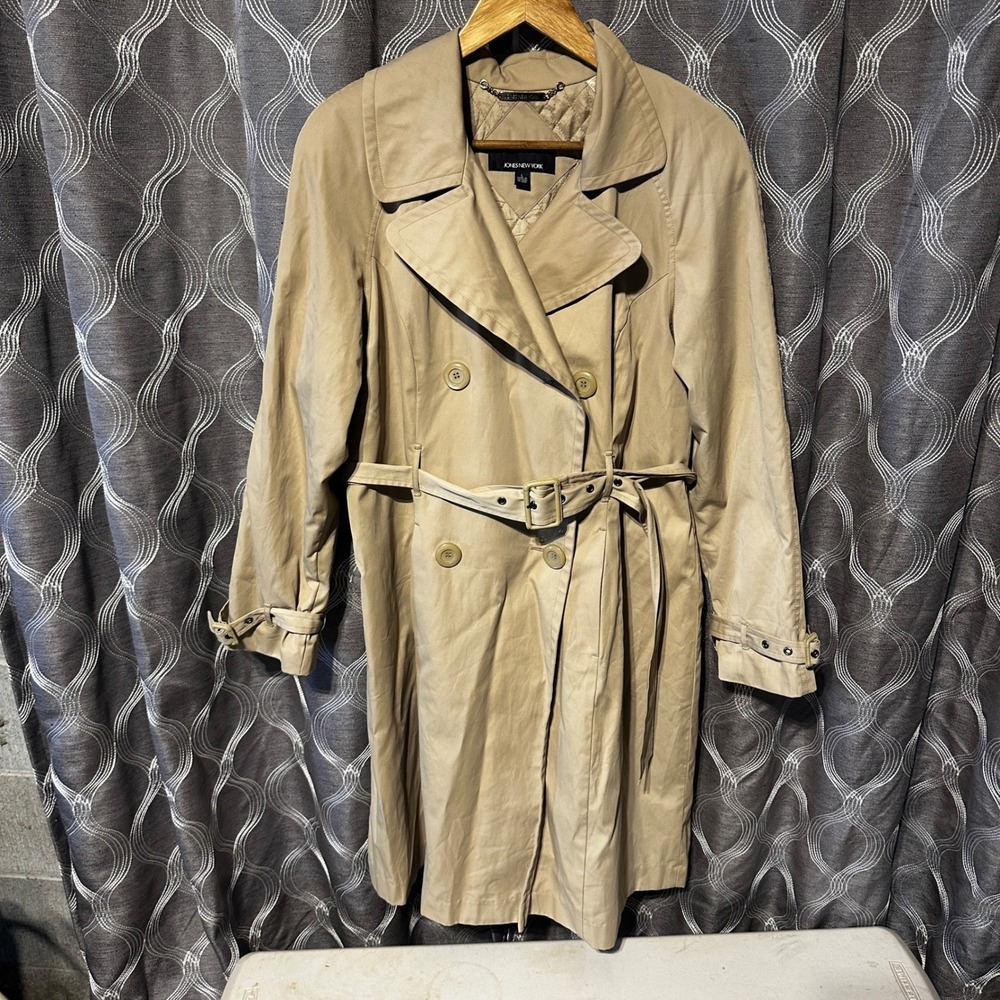 Jones New‎ York Trench Coat Belted Double Breasted Classic Tan Size Spy Rain L
